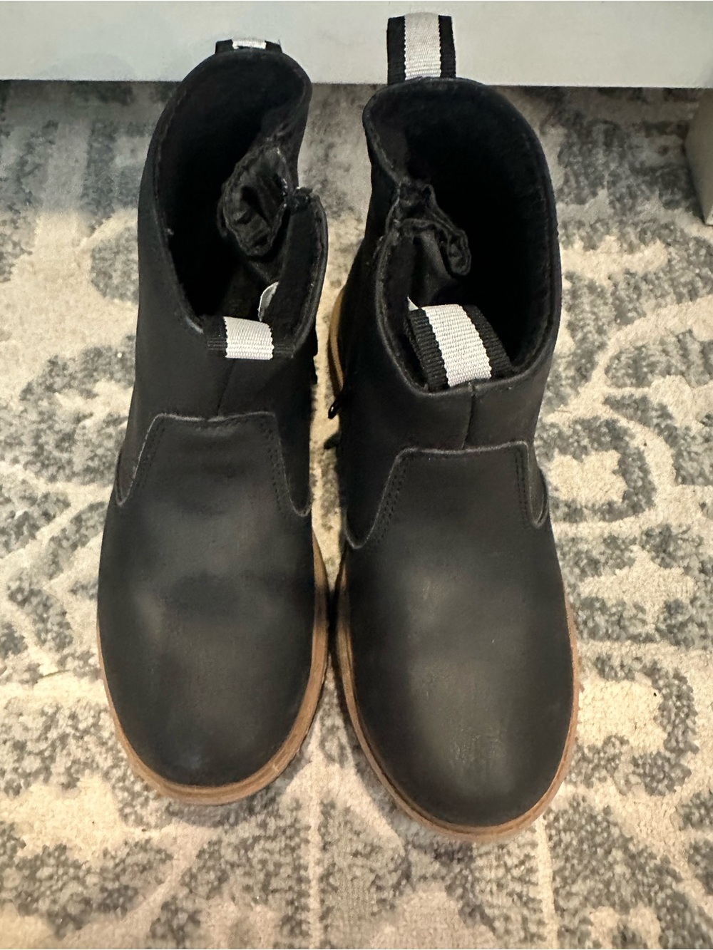 H&M Kids Black Chelsea Boots with Brown Sole and White Pull Tabs